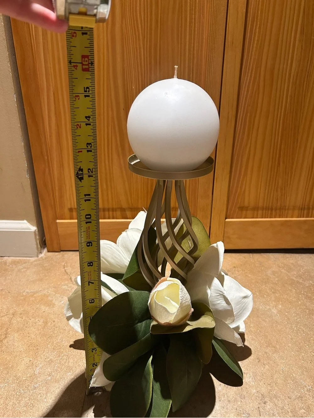 White Floral Magnolia Candle Holder with Green Leaves & White Candle- Home Decor